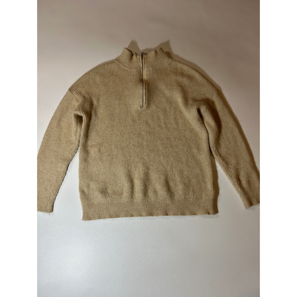 Princess Polly Sweater Women's L/XL Tan Quarter Zip Ribbed Knit Pullover